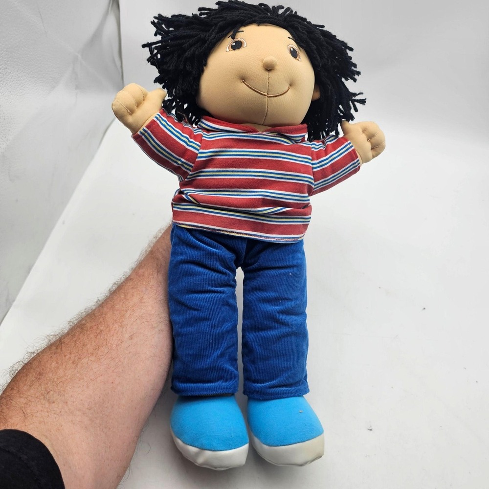 Lakeshore 17in Soft Rag Cloth Doll Black Hair Striped Shirt Blue Shoes Toy